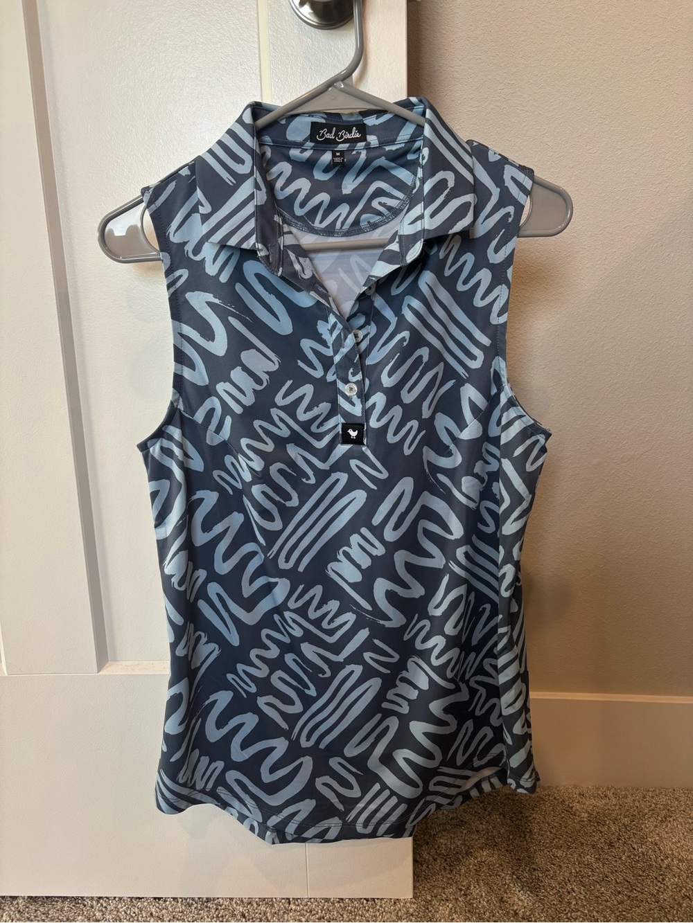 Bad Birdie Sleeveless Polo in Navy and Light Blue Abstract